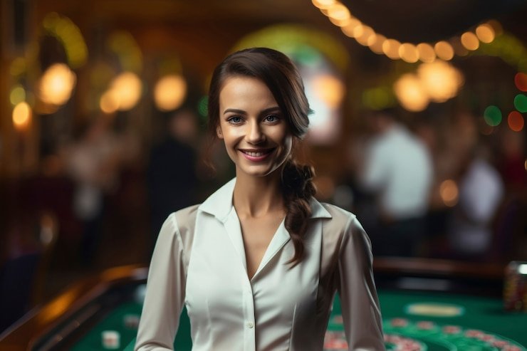 Multi-table live dealer studio with numbered seating and betting interface